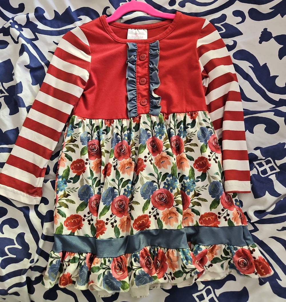 Red Floral Ruffle Long-Sleeve Kids Dress